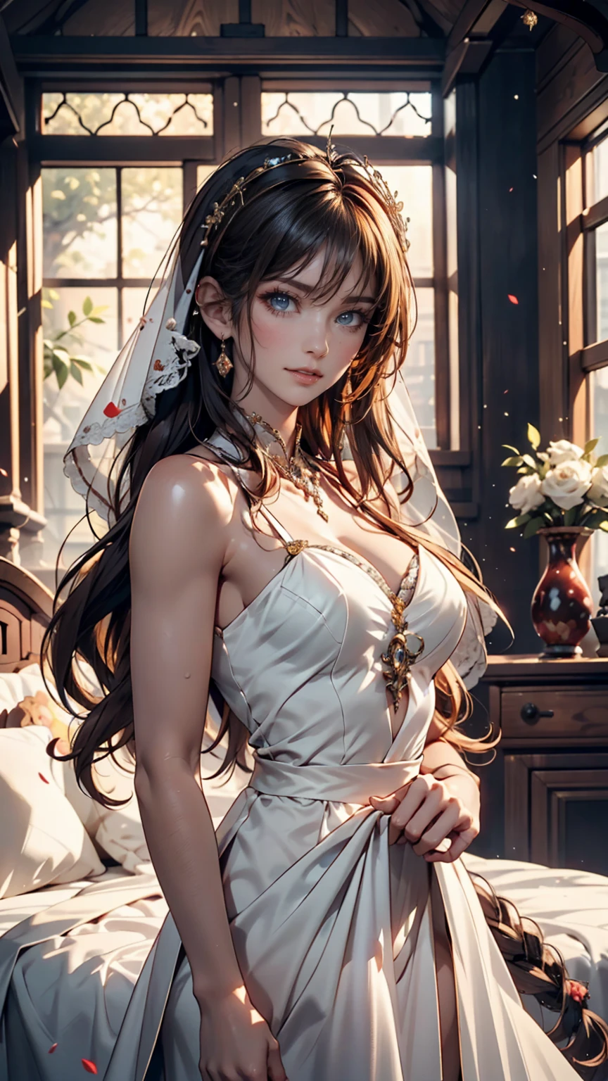 Mother of Jesus(Virgin Mary), Black hair and green eyes, light brown skin, Wearing a light blue robe, And a sky-blue veil, A calm expression that brings peace (whole body) Near the window, Illuminated by the moonlight (Magnificent and realistic)、Sexy proportions、Sexy
