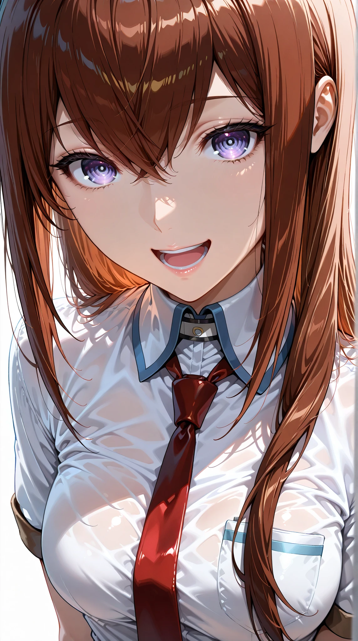 (Steins Gate, makise kurisu, medium breasts,wearing a Short sleeve shirt ),white background  ,close up face shot,ランダムな表情,open mouth,laughing