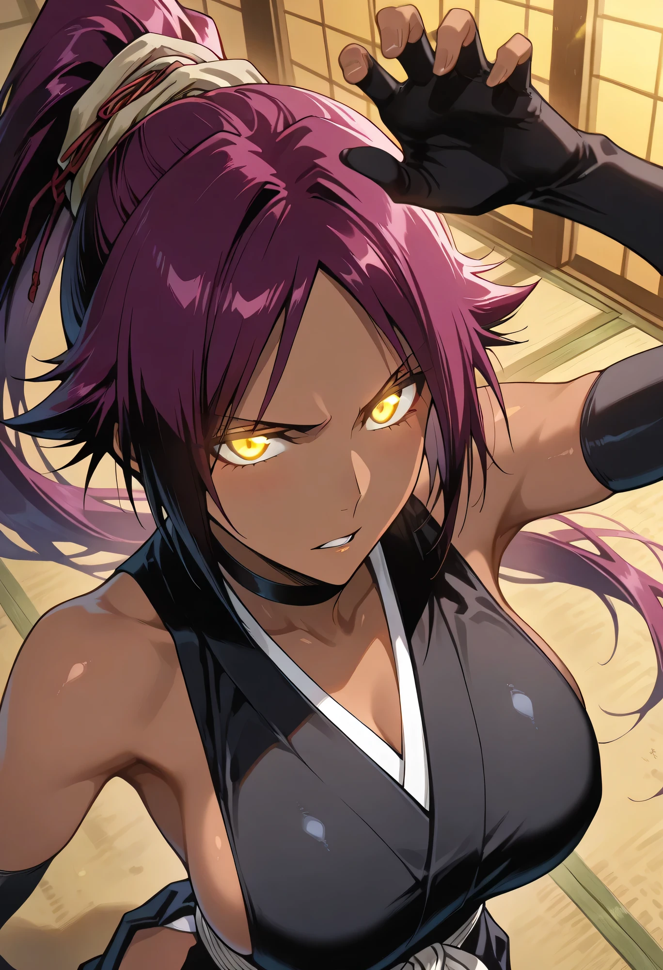masterpiece, best quality, source_anime, 1girl, solo, Bleach, Yoruichi Shihoin, dark-skinned female, Golden eyes, Glowing eyes, Long hair, shiny hair, high ponytail, hair tie,  black choker, black kimono, sideless kimono, sleeveless, black elbow gloves, sash, hip vent, Close up, From above, Armpit, Fighting pose