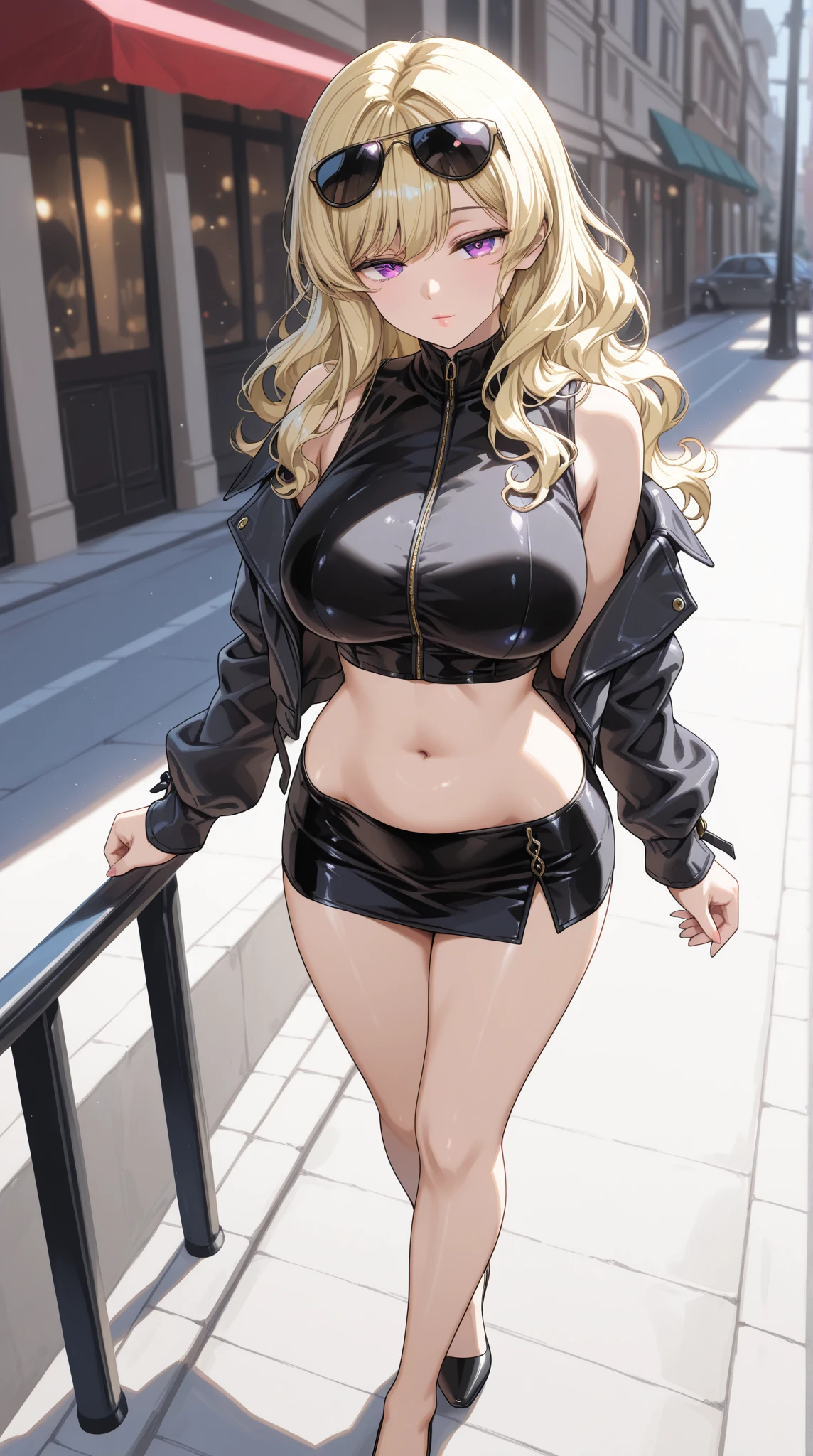 Anime girl in black leather jacket and black shorts posing., anya from the spy family x, Thick, I will also make fanart., April render, from front line girls, seductive anime girl, oppai, cyberpunk oppai, fine details. front line girls, biomechanical OPPAI, oppai proportions, beautiful and seductive anime woman, female protagonist 👀 :8