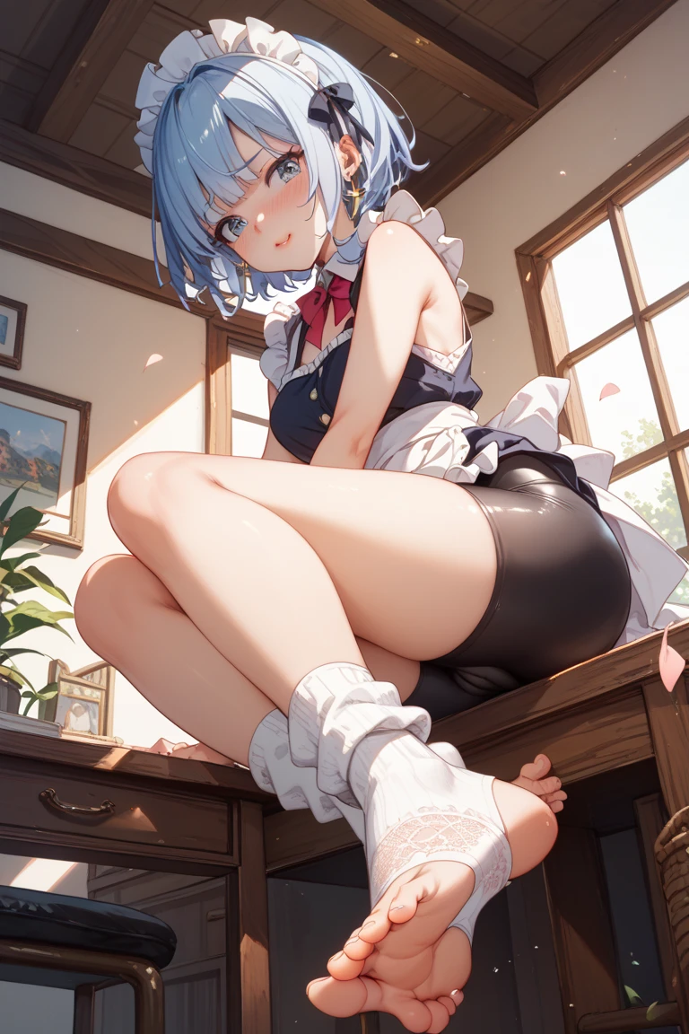 masterpiece, best quality, highres, Rem, 1girl, solo, busty, normal breasts, blue hair, bob hair, sport bra, short skirt, garter on thigh, looking at viewer, full body, standing, simple background, (erotic pose:1.4), blush, smile, grinning, (Crotch panties exposed:1.3), ((Sweating in heat, arms behind head, double armpits, crouching down, half-squat, Open the crotch before:1.3)), In the middle, symmetrical, netorare face
