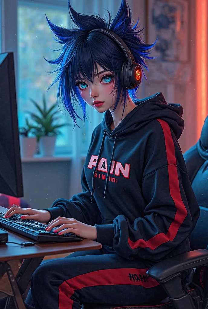 (best quality,4k,8k,highres,masterpiece:1.2),ultra-detailed,(realistic,photorealistic,photo-realistic:1.37),HDR,UHD,studio lighting,ultra-fine painting,sharp focus,physically-based rendering,extreme detail description,professional,vivid colors,bokeh, portraits
Inside the room, gaming room, gaming pc, one 18-aged girl, black short hair colored inner blue hair, sitting on the chair, grin, smile, wearing glasses, mouth-mask,cyberpunk fashion, hoodie, shorts, fishnet-pantyhose,thigh-high-race-up-boots, vivid colors, studio lighting, ultra-detailed portraits.