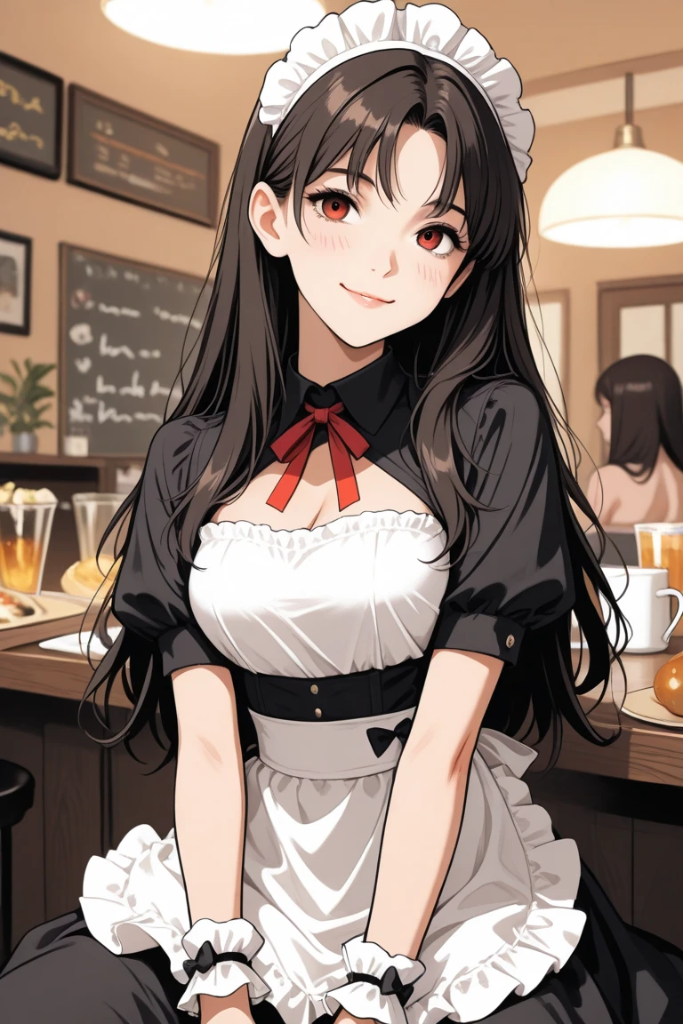 A sexy women, sexy body, curvy body, long straight black hair, twintail hair, ((red eyes, detailed eyes)), sexy lips, make up, red colored eyeline, smile, big breasts, sexy hips, sexy expression, anatomically correct, super detail, high quality, highres, 4K, (full body shot), ((fast-food worker uniform, hat, mini skirt, apron)), knee socks, sneakers, inside fast-food restaurant background