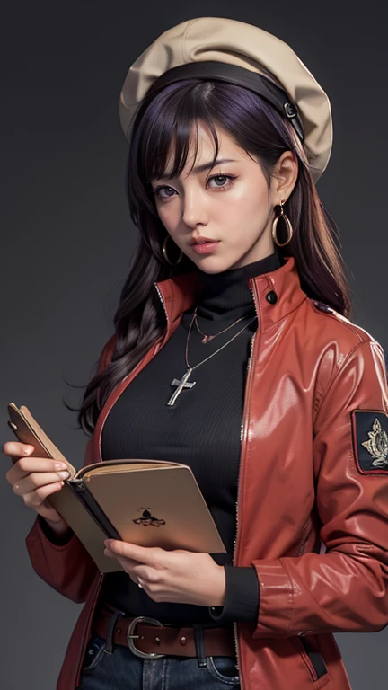 1 Female, clothing: black bodycon,Mid-breasted、 Short tight black dress, (((Brown eyes))), Purple Hair, Medium Hair, Laughter, Cross Necklace, expensive, The body is slim, (Hmph), (((misato katsuragi))), Nerve、Operation and control room, (((Front view))), View your viewers, Perfectly detailed face, Detailed hands and fingers, Masterpiece 1.1, Trending on Art Station, pixiv quality, (((Fine art:jaw))), Exquisitely crafted, Ultra Graphics, sfw version, (((Mature 1.1))), clothing: Jacker, Red jacket, Symmetrical face、