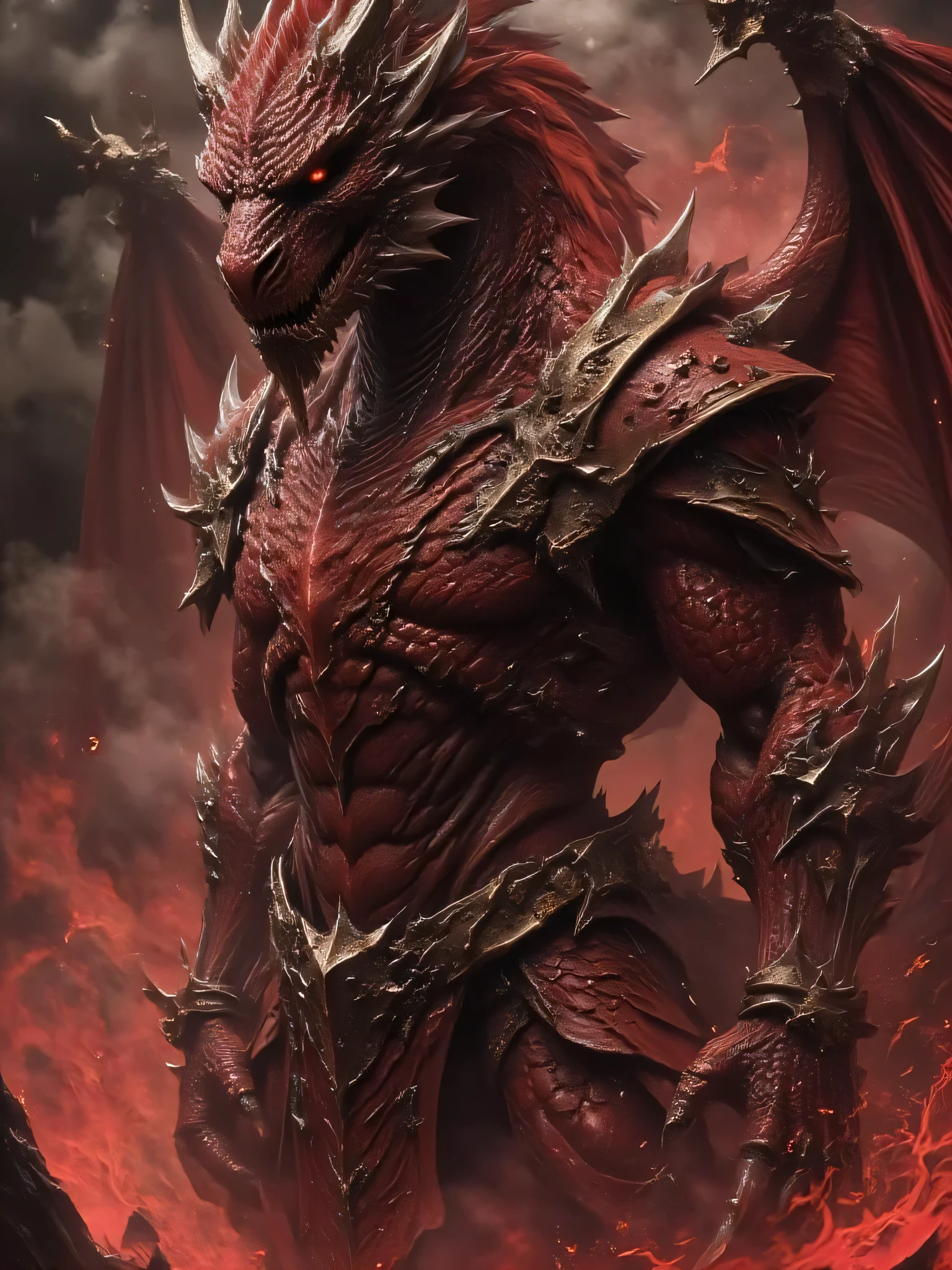 A hyper-muscular dragon warrior standing in a powerful pose. His body is covered in thick, iridescent dragon scales that shimmer in shades of deep crimson and obsidian. His glowing eyes radiate with intense energy, casting a mystical aura around him. Massive horns curl from his forehead, and a long, spiked tail trails behind him. His hands are clawed, and he wears ancient, battle-worn armor partially fused with his scales. Smoke and faint embers rise from his nostrils, and the background shows a fiery battlefield with a blood-red sky. Fantasy style, high detail, dramatic lighting, epic atmosphere.