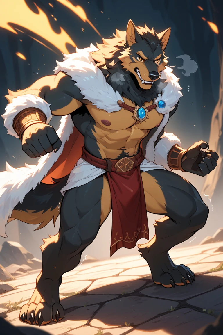 tall sexy thickly muscled anthro wolf lean conan the barbarian type werewolf big pink eyes long tongue sheath balls toothy smile drool bazaar market big atlantean sword, loincloth