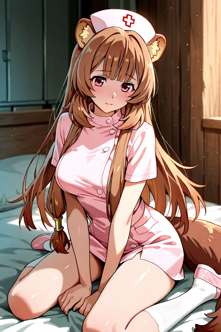 Raphtalia, 35 year old woman, straight and floating golden blonde hair, rounded bear ears, ruby red eyes, evil smile, big breasts, is in pajamas.。。neckline。Lying in bed with eyes closed。using a futon