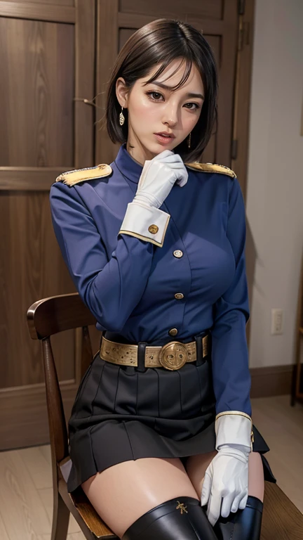(8K、Raw photography、highest quality、masterpiece:1.2),(black haired、ponytail:1.7),show viewer,Looking at the front,erotic、spread your legs、show white panties,,(super sentai series、wearing federal military costumes.:1.6)、(Clothing that emphasizes the shape of your chest:1.3)、(big breasts :1.3)、slim body shape、ultra high resolution,beautiful,beautiful fece,(alone, alone、no background:1.9),whole bodyボディー,、(black eye、japanese woman: 1.3),(Photoreal:1.37)、beautiful太もも、beautifulパンティ、beautiful膝、photon mapping,reality、(Baby-faced and cute: 1.1)、(cute smile: 1.7)、(With a round face: 1.8)、radio city、Physically based rendering、depth of field rally background、photograph, (I can see your knees,close up of thighs、blue skirt is too short、spread your legs、show off white panties:1.1),whole body、super fine