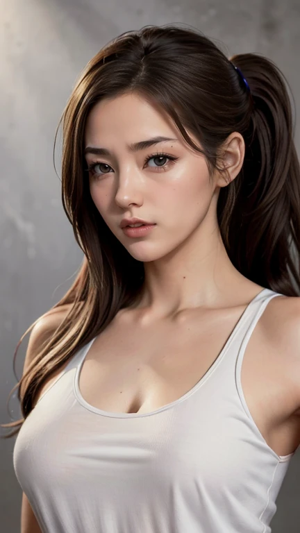 8K, of the highest quality, masutepiece:1.2), (Realistic, Photorealsitic:1.37), of the highest quality, masutepiece, Beautiful young woman, Pensive expression, Sweet look, Sexy white shirt、Hair tied back, Messy mood, Cinematic background, Light skin tone