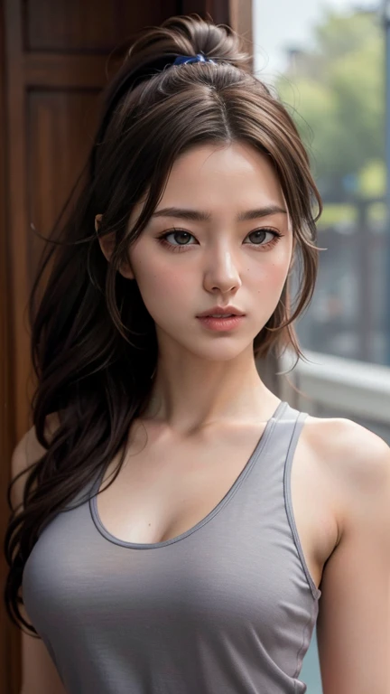1 girl , big long hair, Bun hairstyle, Upper Body, Close-up photo, facing the camera, D cup breasts, Bulge on chest, angry, Gathering Qi in the mouth, rain , Street View.