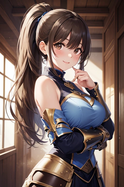 1girl, solo, village, trees, brown hair, short hair, curly hair, side ponytail, large breasts, sleeveless blue top, cleavage, blue eyes, skirt, grin, looking at the viewer, standng, hair ribbon, golden necklate