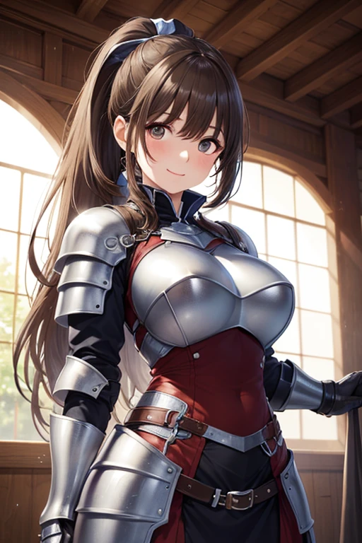 highest quality、complete limbs、Beautiful woman、solo、((brown haired woman:1.4))、((A woman with a tied hairstyle))、big breasted woman:1.3、female knight、(((A woman wearing a white long-sleeved high-neck leotard:1.3)))、(((woman wearing brown pantyhose:1.5)))、(((woman with full armor:1.5)))、smile、castle town、squirt、sexy pose