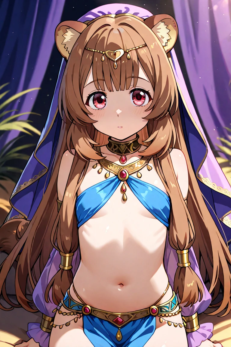 young girl, Long brown hair, Heterochromia, golden and purple eyes, Purple robe, Sleeveless, Deep neckline on the chest, open breasts, open belly, ssmile, Masterpiece, hiquality, high detail, HD, 4k