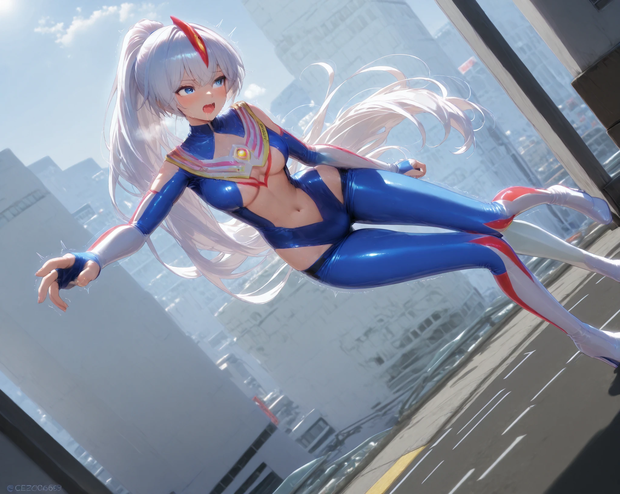 extremely detailed CG unreal engine 8k, best quality, (detailed fingers, detailed hands, detailed face), all intricate, 1girl, beautiful detailed girl, (ultragirl :1.0), ultraman bodysuit, leotard, bare legs, upper body, smile, thumbs up, stylish posing, hand on hip, standing, detailed buildings behind, outside