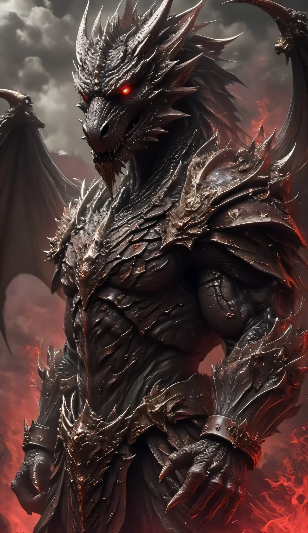 A hyper-muscular dragon warrior standing in a powerful pose. His body is covered in thick, iridescent dragon scales that shimmer in shades of deep crimson and obsidian. His glowing eyes radiate with intense energy, casting a mystical aura around him. Massive horns curl from his forehead, and a long, spiked tail trails behind him. His hands are clawed, and he wears ancient, battle-worn armor partially fused with his scales. Smoke and faint embers rise from his nostrils, and the background shows a fiery battlefield with a blood-red sky. Fantasy style, high detail, dramatic lighting, epic atmosphere.