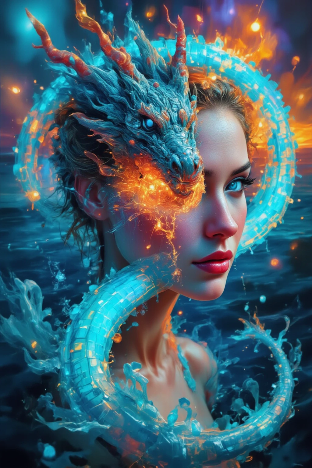 ( top quality , Capolavoro, MODEL FACE, high resolution), seaart.Logo Ai, Photo of the sea, ((a large letter "2"  In the background ), ((a large water dragon  In the background ), celebration, very happy , happy occasion ,