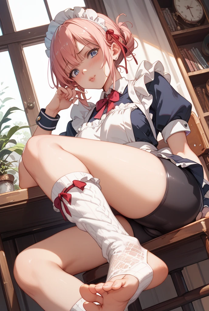 Masterpiece to detail, top quality, 1 petite girl, bangs, genius child actor, red hair, close-up, closed_mouth, baby face, smile, blush, shy, blue hat, hat, bow, pink bow tie, school uniform, blue jacket, jacket, skirt, gray skirt, 1 small 15 year old girl, solo, shirt, white shirt, legs, black socks, sitting, classroom, hair_ ornament, looking_at_viewer, beautiful detailed eyes, red eyes, panties, skirt lifting, secret lesson, professional effects, delicate colors, best shot of movie scene, healthy