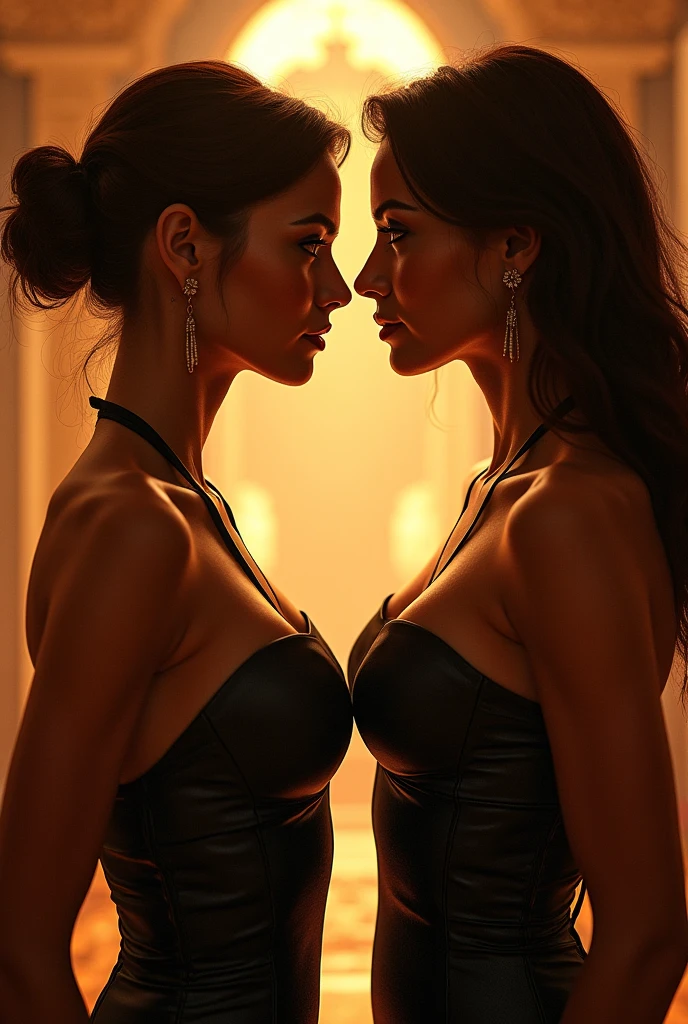 Two indian Beauty, two very sexy figure bodies women age 30 , two very big breast long clevage show , wearing sexy outfit dress ,both women standing as a rivals face to face both look each other with so much angel,both women breathing heavily,both women stare nose to nose heated sexfight, both women pinned each other against wall,both women grinding bodies together both women standing so close to each other bodies pressed together, ultra HD 4k masterpiece, detailed eyes detailed long black hair detailed lips, realistic 8k ultra HD masterpiece