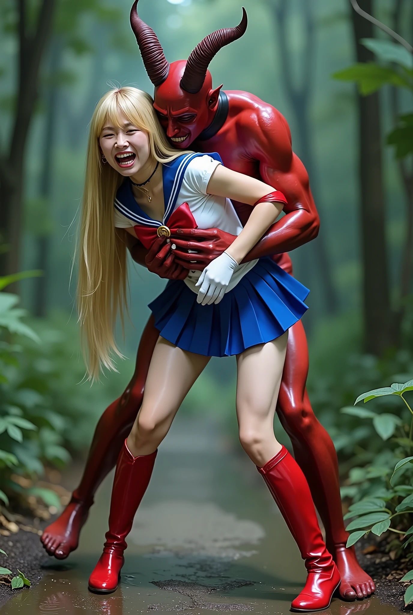 Hyperrealism, masterpiece, highest quality, A young Japanese woman is bending down and hugging from behind by a devil, ((she is crying and screaming in pain)), a bit of blood on her inner thighs, tears from her eyes, painful face, she is wearing a Sailor Moon costume, Blue sailor collar, Blue short mini pleated skirt, she is wearing a very short blue mini pleated skirt, (upskirt:1.8), Long white gloves, shiny beige color pantyhose, Exposed thighs, red long boots, big choker, long blonde Hair, a devil is standing sexual assault her from behind, the devil is hugging her tightly and push his private part into her skirt, her clothes are torn off, in the jungle,
