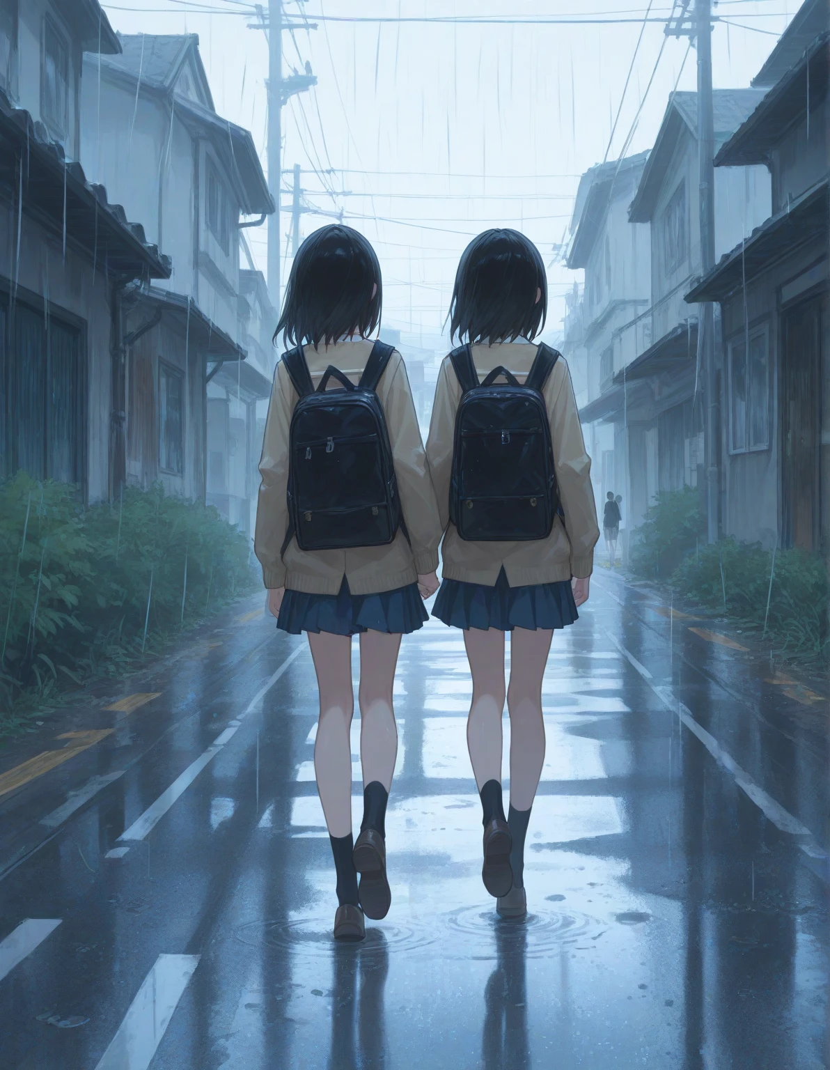 Foggy morning scene, two college girls walking in it
