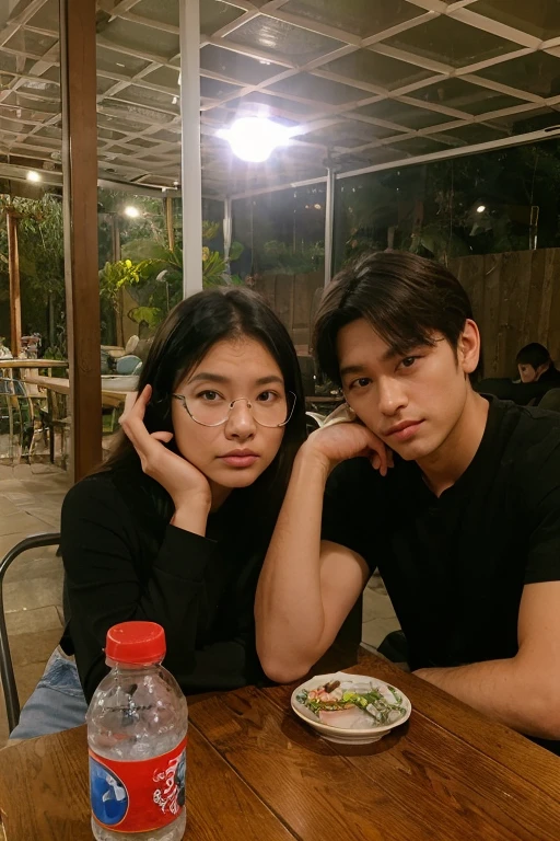young couple, Indonesia, wearing casual clothes sitting on a cafe chair, faint smile cafe page background, There are 2 glasses of juice on the table, very detailed 8k