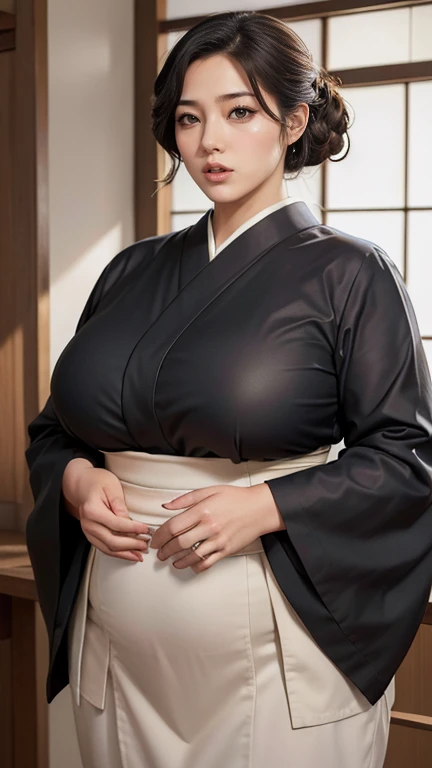 masterpiece, best quality,(plump:1.2),ultra-realistic mix fantasy, pretty woman wearing yoga pants and a kimono, belly pouring over the waistband
