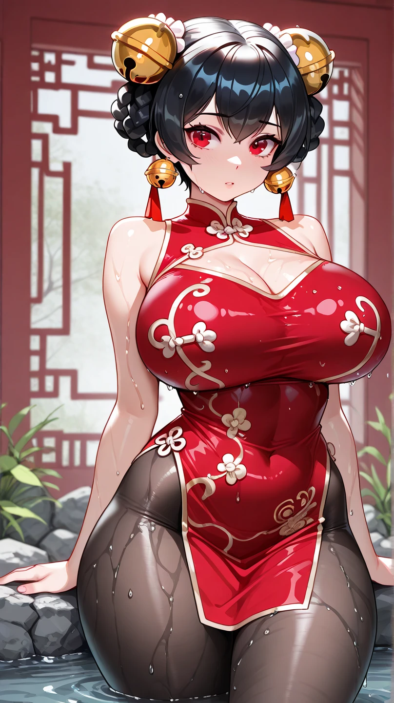 sexy women, China environment, silber hair, ((((humongous large breast)))), (((Red cheongsam)))), ((((Red cheongsam)))), (((Gold accents))), ((Perfect hourglass figure)), (((Big breasts that expose the))),