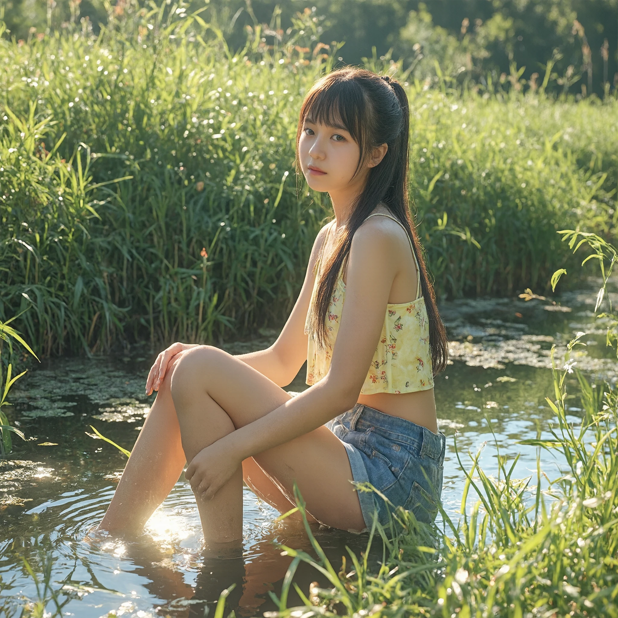 (Full legs,Legs),In the flowers,Wet body,Detailed Skin Pore,(exposed,Natural skin texture), (fox ear, Foxtail:1.5),with a bright night scene in the distance,Tree-lined paths, Dynamic composition, Engaging pose, Soft and eye-catching lighting, Shallow depth of field,sharp detailed,detailed skin textures, Highly detailed, Hyper-realistic, 50mm lens,(down view:1.2),