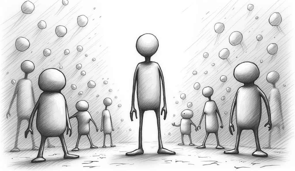 Simple black and white drawing of a person in a bubble with people around trying to touch it but failing.