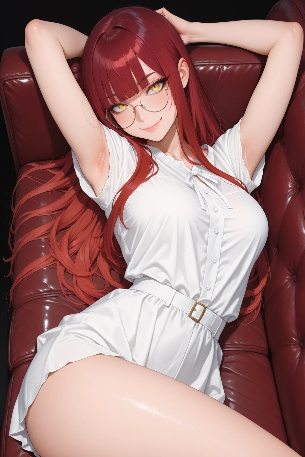 a naked red-haired woman with glasses full of sperm