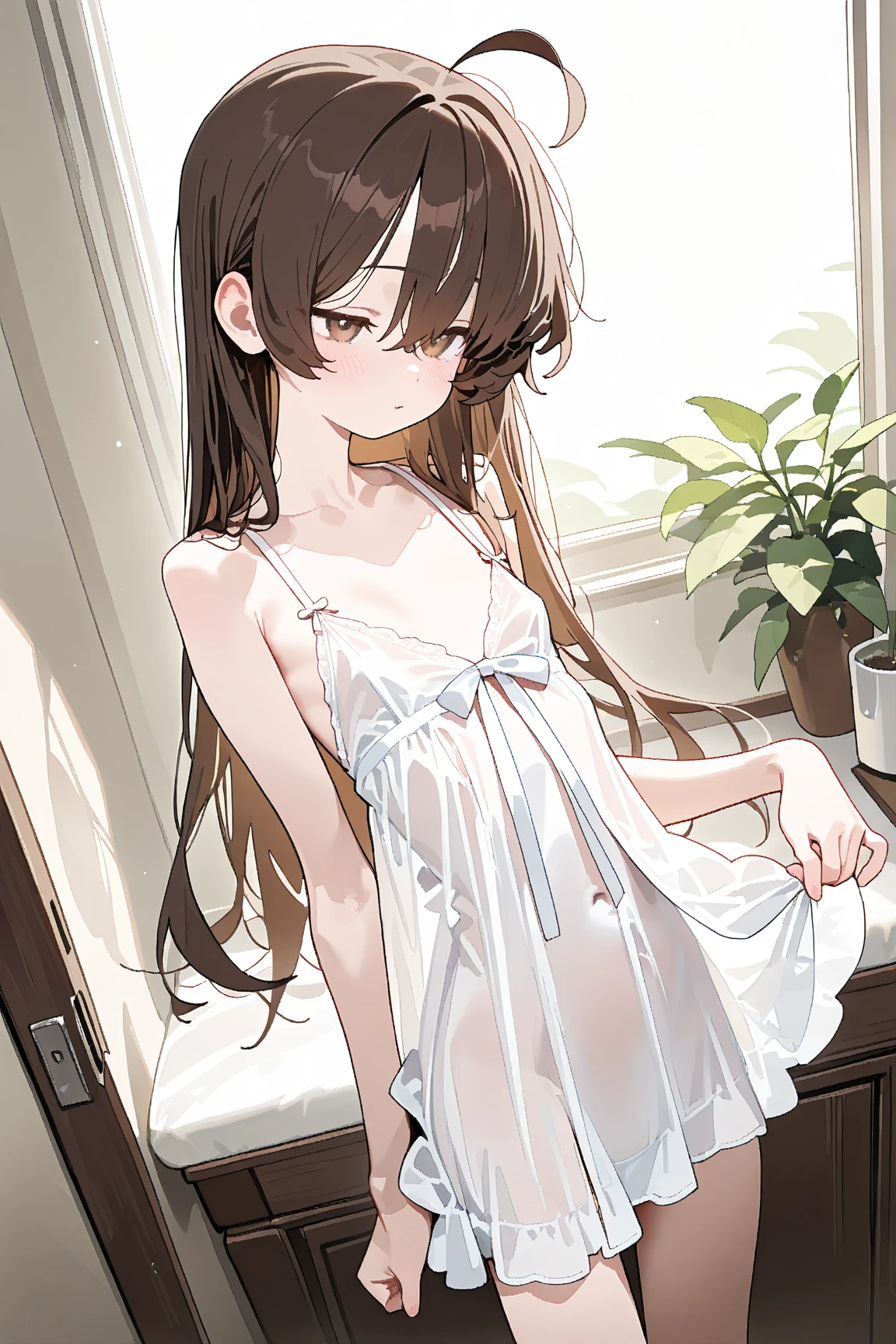(animesque:1.3), Extreme refinement, 1girl in、Aloof look、A pure girl, , plain white dress, smock dress, babydoll dress, long straight hair, brown hair, bangs, mysterious, brown eyes, innocent, pure, angelic shoujo, 2000’s anime style() ( body) (very thin) (no curves)