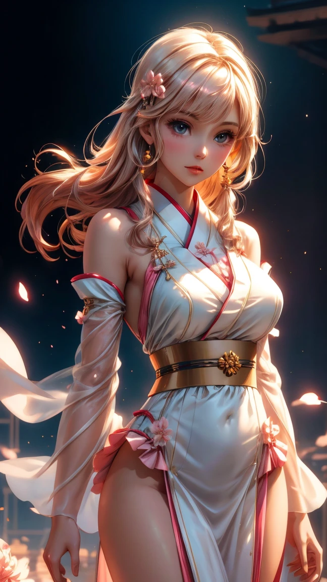 1girl, long hair, long flowing hair, floating hair, ornament hair, perfectly body, perfectly hands, rose on hair, maid, maid dress, maid headdress, maid apron, white apron, white apron, white headdress, petals in the air, blossom peach tree, centered girl, Chinese style, Chinese maid dress, white dress, more details on her clothes, dress with transparency, golden details, daylight, smiling, character design sheet, reference sheet, concubine girl, long flowing hair, floating hair, a moon, Detailed background((ancient city:1.2),Detailed background, Elegant backgrounds, Zen entanglement, mandalas, Tangled, Tangled, glossy hair, elaborate costume{Luxury kimono(Colorful kimono(Detailed golden embroidery,))}, Depict a beautiful and graceful woman, ((Best Quality)),{{a portrait photo of}},full body Esbian ((4k, masterpiece, top-quality)),8k, best quality, high resolution, HD, (illustration:0.8), super cute girl, delicate and beautiful face, 1girl, solo, mature girl, super cute hairstyle, (beautiful detailed eyes:1.6), extremely detailed face, perfect lighting, extremely detailed CG, (perfect hands, perfect anatomy), Best quality, cleavage, small skirt, full Body,