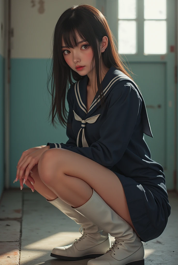 (RAW Photos:1.4), (photoRealistic:1.3),(masterpiece), Highest quality, Highest quality, Very detailed CG unity 8k wallpaper, Detailed and complex, original,High resolution,
\\
One girl,alone,(16 years),Very detailed_eye, nail,Medium chest,(Natural Makeup:0.5),(blush:0.5),Black Hair,Long Hair,Hair Clip, View your viewers,Browsing Caution,
\\
high school,student,, Sailor collar,Bobby Socks,school bag,skirt, Plaid, Plaid skirt,Raise your knees,Sitting,
\\
street, Subway Station, Shop Boundaries, akihabara \(Tokyo\), Shibuya Ward \(Tokyo\), Shinjuku \(Tokyo\),
\\
Beautifully detailed backgrounds,Depth of written boundary,change:0.1,Realistic:1.3,(Zhou Haoguang:1),(Neon Light:0.1),(High resolution:1),(Studio Lighting:1.5),(Panty shot:1.2),From below,whole body, (White underwear:0.8)