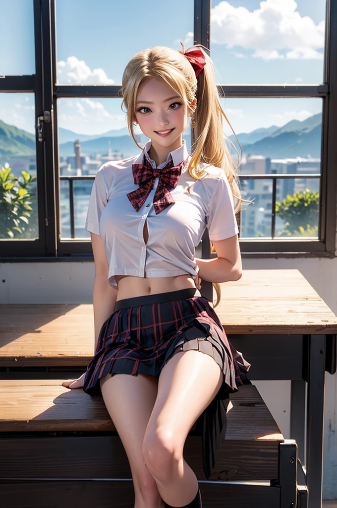 Browsing Caution、8k,highest quality, masterpiece, Very detailed, Ultra-high resolution, Realistic, RAW Photos, , Absolute Resolution, Complete limbs、Complete Anatomy、Perfect beautiful skin、pretty girl1人,Cute girl 、、(smile:1.2)、Gal、、(Short sleeve white collar shirt:1.1)、bow tie 、、(Micro Mini Skirt:1.3)、、(Accentuate your thighs:1.2)、、、(blonde:1.2)、、、pretty girl、 , Realistic young gravure idol, Japanese Girls、、alone、(Midsummer schoolyard:1.2)、Sit on a bench