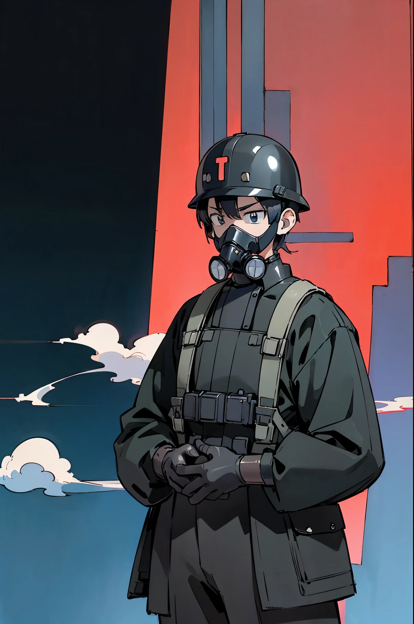 by Ken Sugimori, sugimori 1990s, ((only 1man)), adult. navy tactical military wetsuit, helmet, ((full-face gas mask)), serious, glaring, ((hands behind their back)), full black pupils, manga, best quality, highly detailed, clean lines, cowboy shot, good hands, good eyes, hd, 8k, professional, symmetrical, hires, 8k,