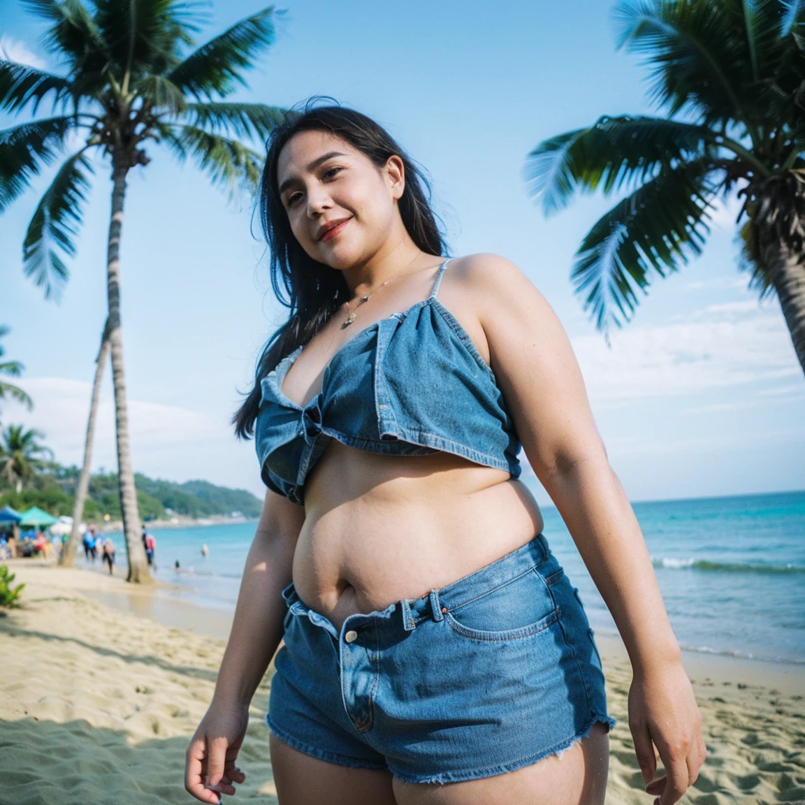 a Thai plump middle-aged woman smiling wearing a tube top and shorts with very large breasts perky udder nobra sitting eating a noodle in rural restaurant full body 35mm film , natural light