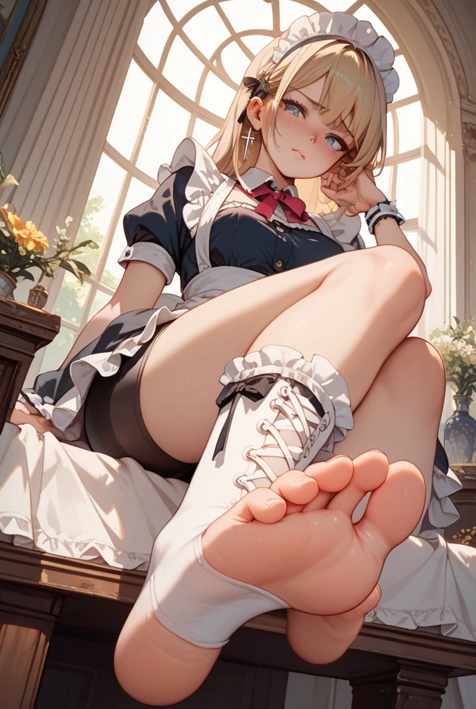 1girl,white hair,purple eyes,maid,two side up,tareme eyes,Yandere,sitting on bed,2legs,legs focus,hands on thigh, x-shape hairbands,from below,half-closed eyes,jitome,blush,sweating,bare feet,2feet,feet,(five toes1.5),soles of feet,feet focus,sweating,steam,