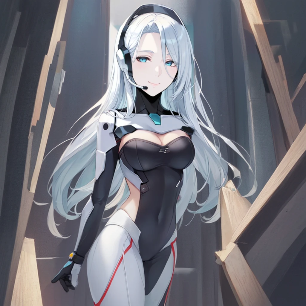 Masterpiece, High quality, High quality of art, anime lineart, 1girl,white hair, black eyes, white eyebrow, red eyeshadow, Tall, black cyber clothers, light gray cyber pants, big hips, big chest, very blush, white hearts in eyes, in future base, looking at viewer, smile, white skin