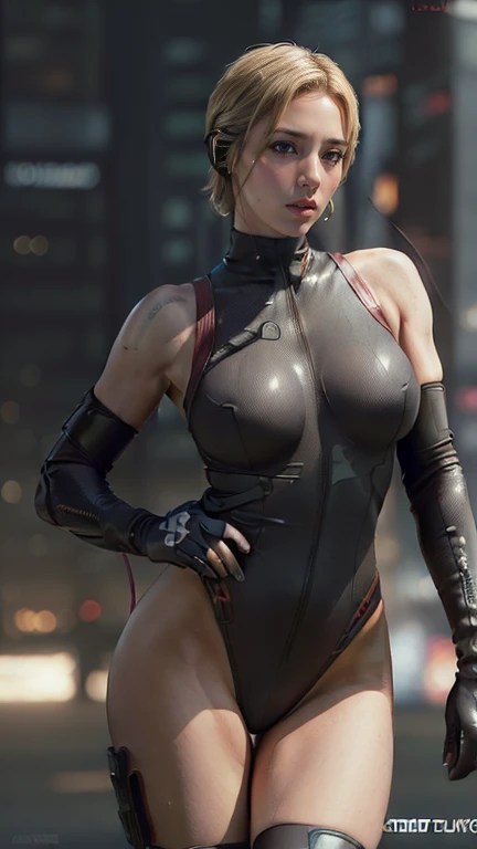 rachel,blondy hair,blue eyes,smile,
elbow gloves,black leotard,cleavage,navel,
standing,upper body,from below,
night,city,alley,
(insanely detailed, beautiful detailed face,beautiful detailed eyes, masterpiece, best quality),solo,<lora:rachelDOA:0.6>,