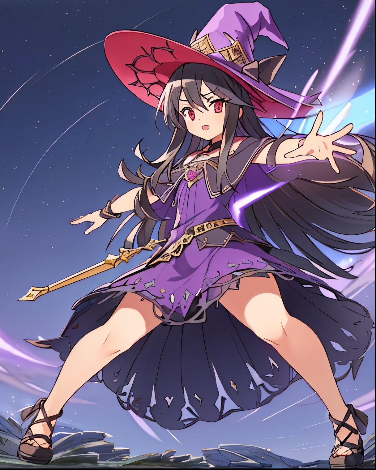 (obra-prima, best quality), intricate details,
1 , long straight black hair, vestir, purple dress, tem, witch tem, pink details on vestir, wizard gloves, Wizard Shoes, Night sky stars, mountainous field and river, shrugging , presumptuous, thick thighs, red eyes, black hair, black hair straight, red eyes, taking an attack pose carrying some magical attack, full body image.