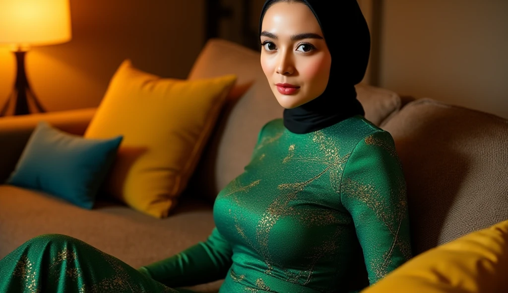The beautiful,slender thin and clever asian muslimah adult girl with beautiful and shiny cheeks wears calm green zebra print lycra turtleneck unitard catsuit covered with stripes and calm green zebra print lycra elastane stretchy dancewear woven hijab covered with stripes.She is clever and happy when she puts zebra face paint makeup.She sleeps on the armchair.