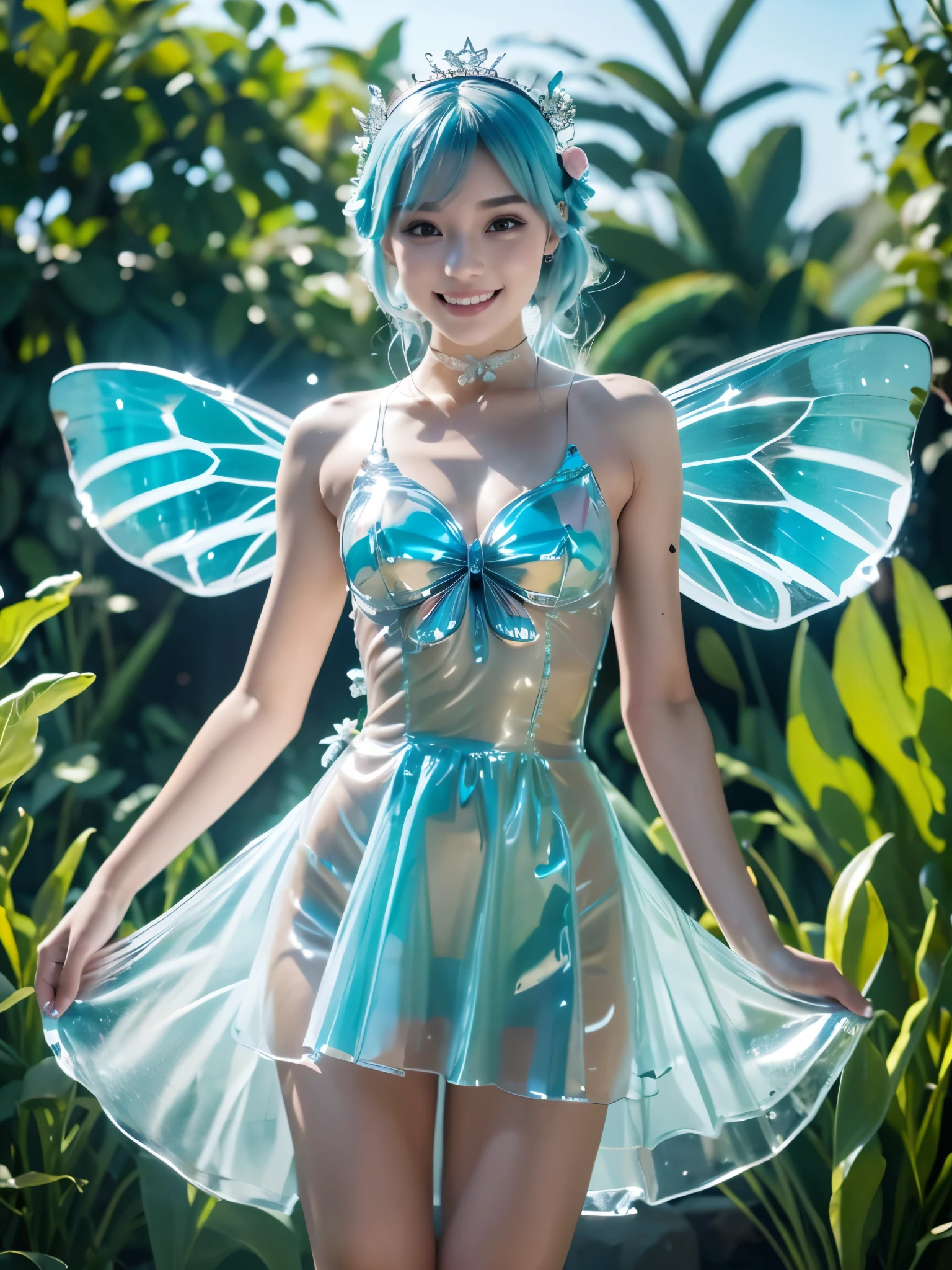 An enchanting fairy perches delicately on a dew-kissed flower, her translucent wings shimmering in the morning light, while holding a wand tipped with a sparkling star and her mischievous grin promising whimsical wonders.