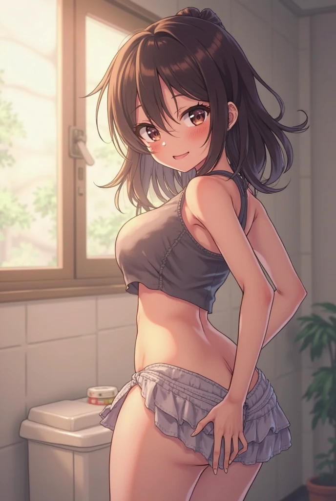(masterpiece, best quality),
1girl, sitting, (hugging own knees:1.2), looking at viewer, head tilt, lower body, focus,
break girl, camisole,(sideboob:1.2),white skirt, lift skart,(blue and white striped panties1.3), cameltoe, brown hair, twintails, grey eyes, grin, blush, bare shin
break background myroom, couch,(show off panties:1.3),(low view:1.3)