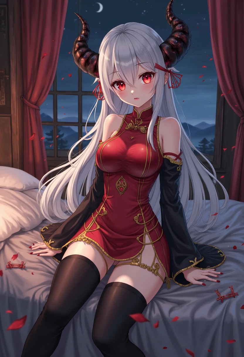 a woman wearing a red bed with gold details, tight white pants, black boots, gold shoulder pads, silver hair, yellow eyes, black pirate hat with gold details, in a large naval shipyard, HDR, very detailed, ultra resolution, masterpiece. 8k hd
