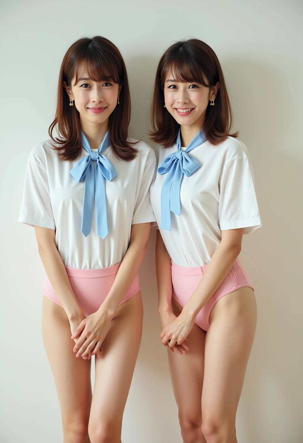 2 girls standing in wooden school classroom,plaid bra,plaid panties,bow tie,18-year-old,bangs,a little smile,thighs,knees,short hair with low pigtails,from before,front light