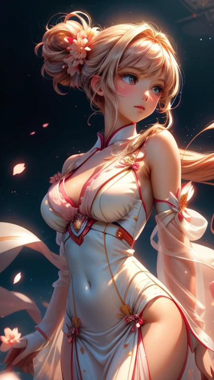 (masterpiece:1.2), (The best quality:1.2), perfect lighting, dark magician gils girl, Long blonde hair. naked . big breasts. in his twenties, arching her back in a sexy and seductive pose, accentuated super huge enormously big , neckline, hair ornaments, from above, cherry blossoms waving in the wind, very long red hair, sitting opening legs. Shinto shrine background, neckline profundo mostrando . Dark Magician girls nude