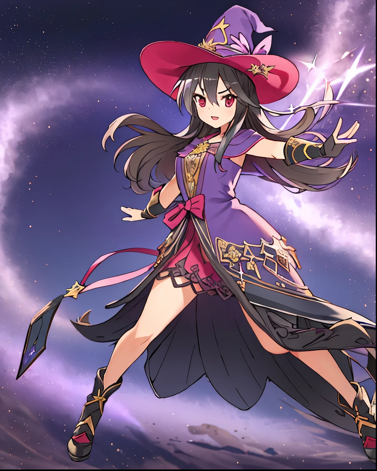 (obra-prima, best quality),  intricate details,
1 ,    long straight black hair, vestir, purple dress, tem, witch tem, pink details on vestir, wizard gloves, Wizard Shoes, Night sky stars, mountainous field and river,  shrugging ,  presumptuous, thick thighs,  red eyes, black hair, black hair straight,  red eyes, taking an attack pose carrying some magical attack, full body image.