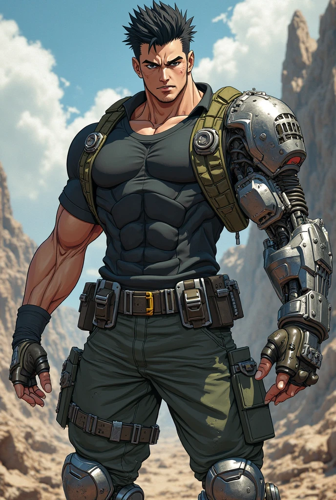 (masterpiece:1.2, best quality:1.2, extremely delicate:1.2), ((male:1.5)), a man with spiky short orange-red hair, side-parted bangs, a calm gaze, a faint smile, a mature and handsome face, dark skin, a tall and muscular build, a bare upper body, several strips of leather armor wrapped around his left shoulder and chest, wrist guards, loose beige cargo pants, standing in a massive circular arena, this character embodies a finely crafted fantasy-realist style gladiator in anime style, exquisite and mature manga art style, dramatic, high definition, highres, ultra-detailed, ultra-fine painting, professional, perfect body proportions, golden ratio, anatomically correct, symmetrical face, extremely detailed eyes and face, high quality eyes, creativity, RAW photo, UHD, 32k, Natural light, cinematic lighting, (masterpiece-anatomy-perfect:1.2)