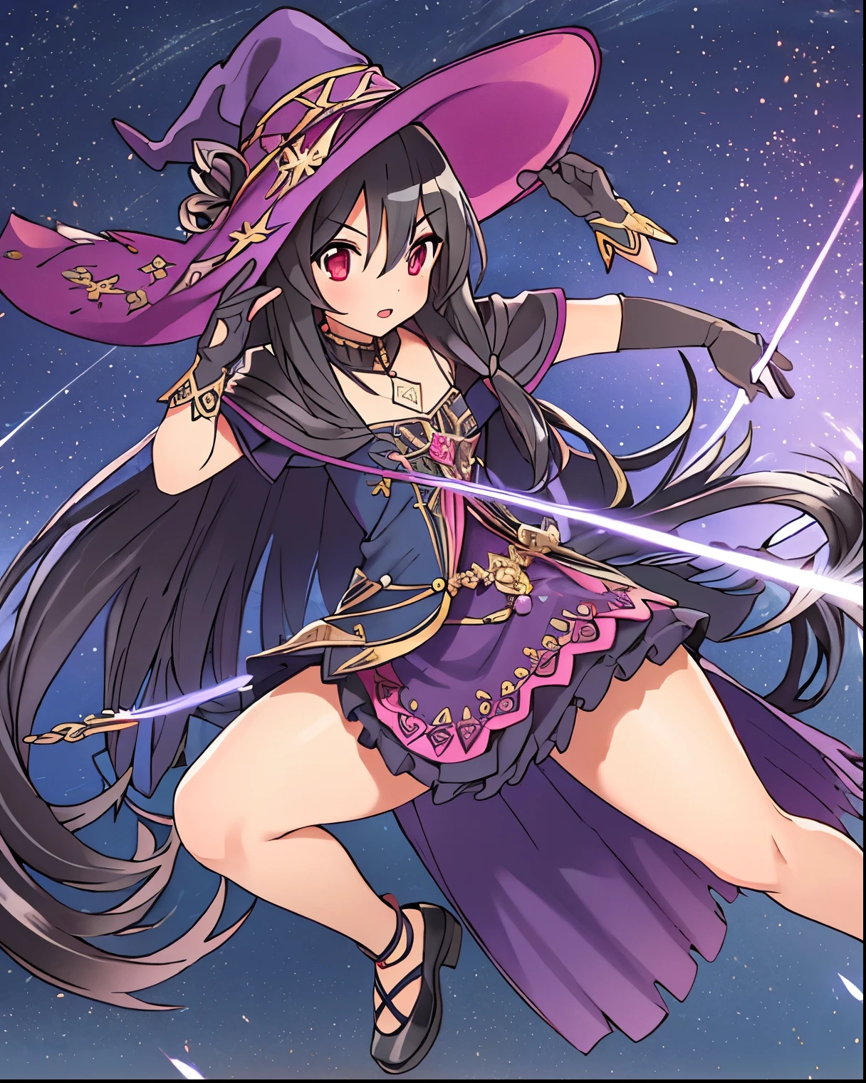 (obra-prima, best quality), intricate details,
1 , long straight black hair, vestir, purple dress, witch tem, pink details on vestir, wizard gloves, Wizard Shoes, Night sky stars, mountainous field and river, presumptuous, thick thighs, red eyes, black hair, black hair straight, red eyes, taking an attack pose carrying some magical attack, full body image, sexy body, thick thighs.