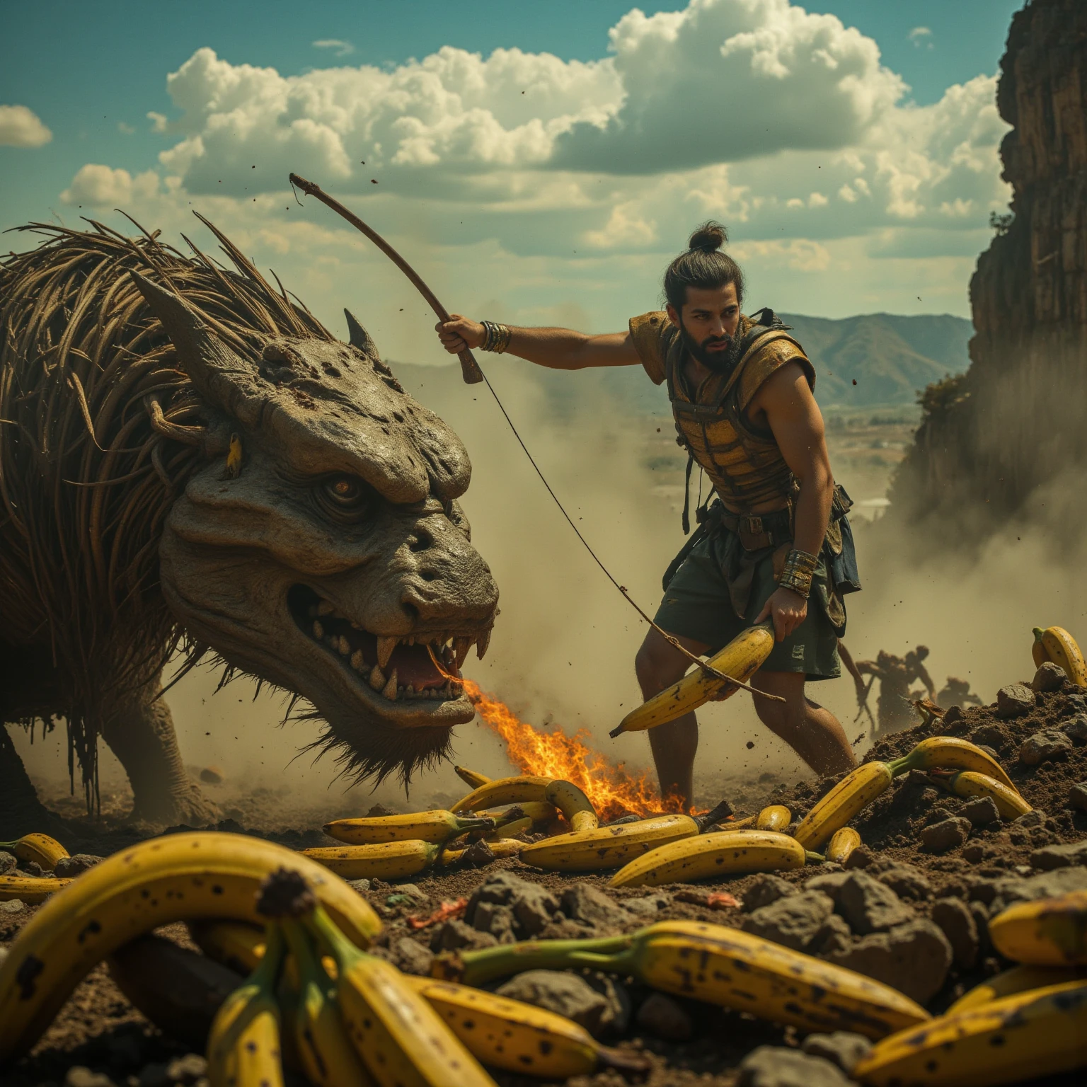 Masterpiece cinematic photo, photorealistic view of the EPIC BATTLE BETWEEN BANANAS AND WATERMELONS, (((hyper detailed))), UHD, 32K